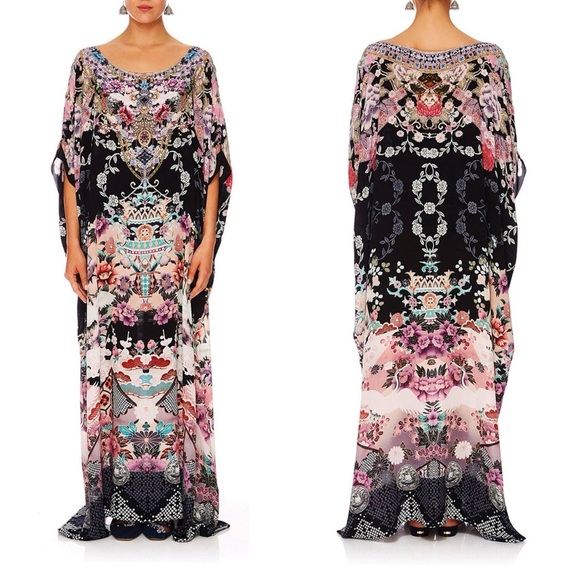 Camilla Maxi Kaftan Muumuu Nights With Her Black Silk Asian Kimono Resort OS - Picture 2 of 15